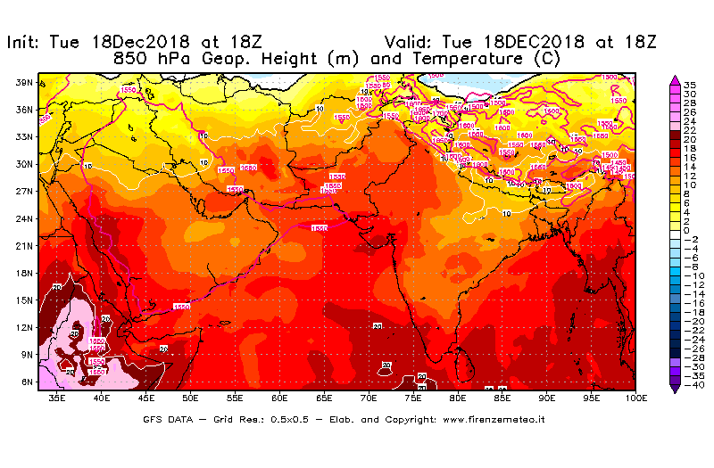 Mappa di analisi GFS - Geopotenziale [m] e Temperatura [°C] a 850 hPa in Asia Sud-Occidentale
							del 18/12/2018 18 <!--googleoff: index-->UTC<!--googleon: index-->
