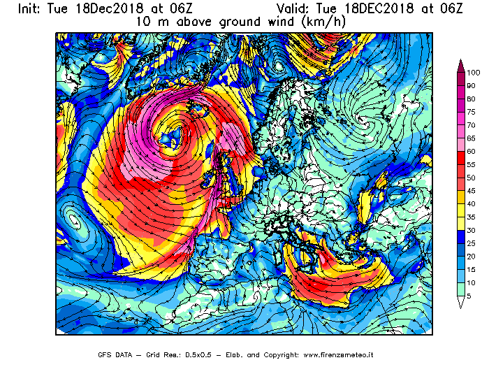Mappa di analisi GFS - Velocità del vento a 10 metri dal suolo [km/h] in Europa
							del 18/12/2018 06 <!--googleoff: index-->UTC<!--googleon: index-->