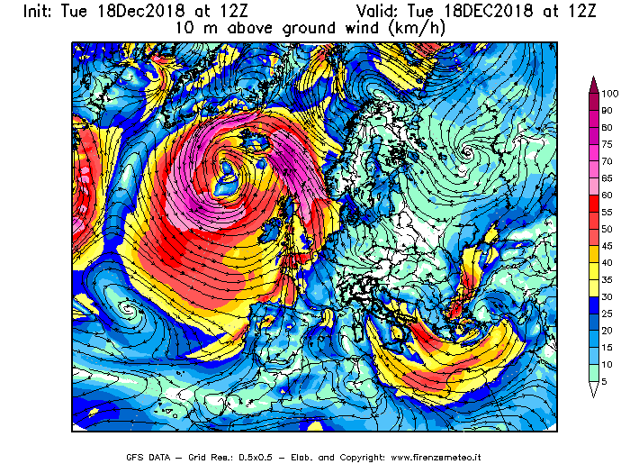 Mappa di analisi GFS - Velocità del vento a 10 metri dal suolo [km/h] in Europa
							del 18/12/2018 12 <!--googleoff: index-->UTC<!--googleon: index-->