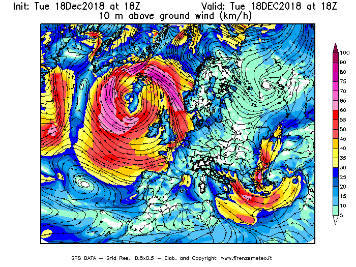 Mappa di analisi GFS - Velocità del vento a 10 metri dal suolo [km/h] in Europa
							del 18/12/2018 18 <!--googleoff: index-->UTC<!--googleon: index-->