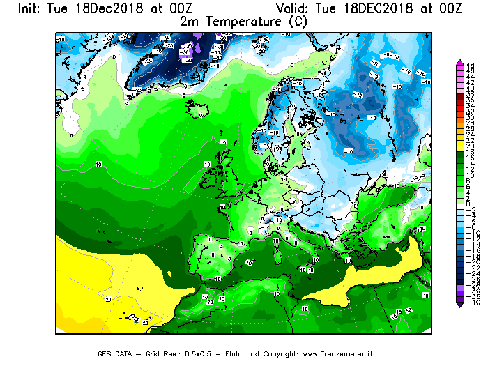Mappa di analisi GFS - Temperatura a 2 metri dal suolo [°C] in Europa
							del 18/12/2018 00 <!--googleoff: index-->UTC<!--googleon: index-->