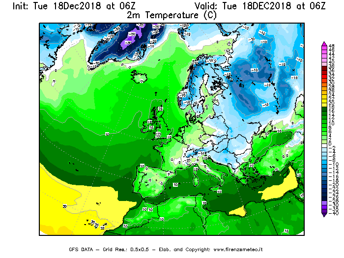 Mappa di analisi GFS - Temperatura a 2 metri dal suolo [°C] in Europa
							del 18/12/2018 06 <!--googleoff: index-->UTC<!--googleon: index-->