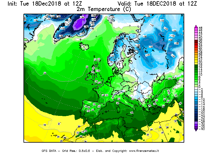 Mappa di analisi GFS - Temperatura a 2 metri dal suolo [°C] in Europa
							del 18/12/2018 12 <!--googleoff: index-->UTC<!--googleon: index-->