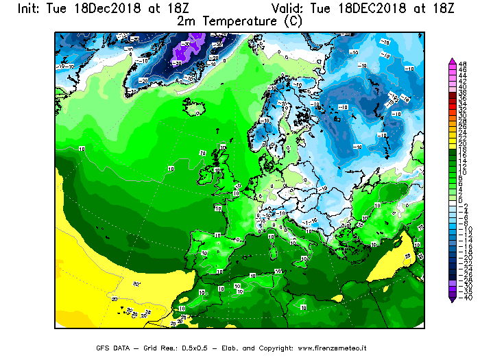 Mappa di analisi GFS - Temperatura a 2 metri dal suolo [°C] in Europa
							del 18/12/2018 18 <!--googleoff: index-->UTC<!--googleon: index-->