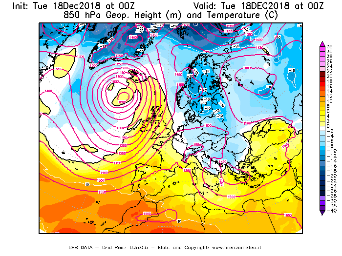 Mappa di analisi GFS - Geopotenziale [m] e Temperatura [°C] a 850 hPa in Europa
							del 18/12/2018 00 <!--googleoff: index-->UTC<!--googleon: index-->