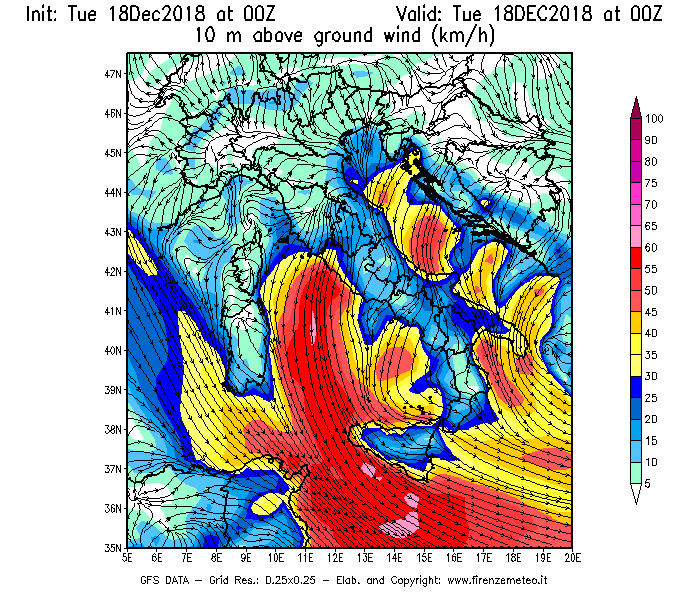 Mappa di analisi GFS - Velocità del vento a 10 metri dal suolo [km/h] in Italia
							del 18/12/2018 00 <!--googleoff: index-->UTC<!--googleon: index-->