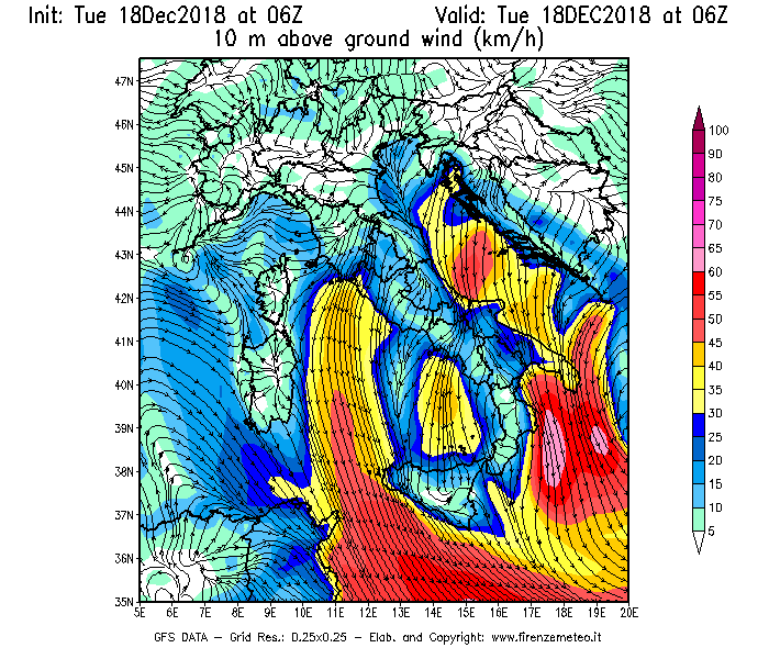 Mappa di analisi GFS - Velocità del vento a 10 metri dal suolo [km/h] in Italia
							del 18/12/2018 06 <!--googleoff: index-->UTC<!--googleon: index-->