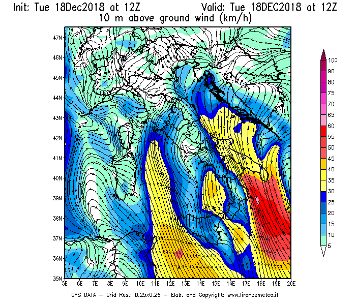 Mappa di analisi GFS - Velocità del vento a 10 metri dal suolo [km/h] in Italia
							del 18/12/2018 12 <!--googleoff: index-->UTC<!--googleon: index-->