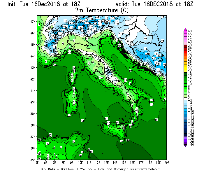 Mappa di analisi GFS - Temperatura a 2 metri dal suolo [°C] in Italia
							del 18/12/2018 18 <!--googleoff: index-->UTC<!--googleon: index-->