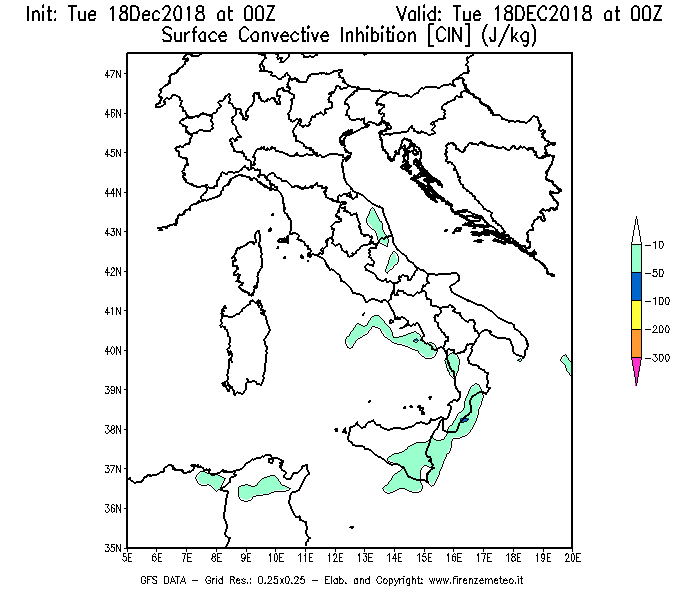 Mappa di analisi GFS - CIN [J/kg] in Italia
							del 18/12/2018 00 <!--googleoff: index-->UTC<!--googleon: index-->
