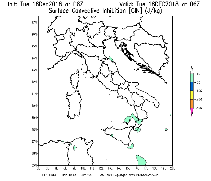 Mappa di analisi GFS - CIN [J/kg] in Italia
							del 18/12/2018 06 <!--googleoff: index-->UTC<!--googleon: index-->