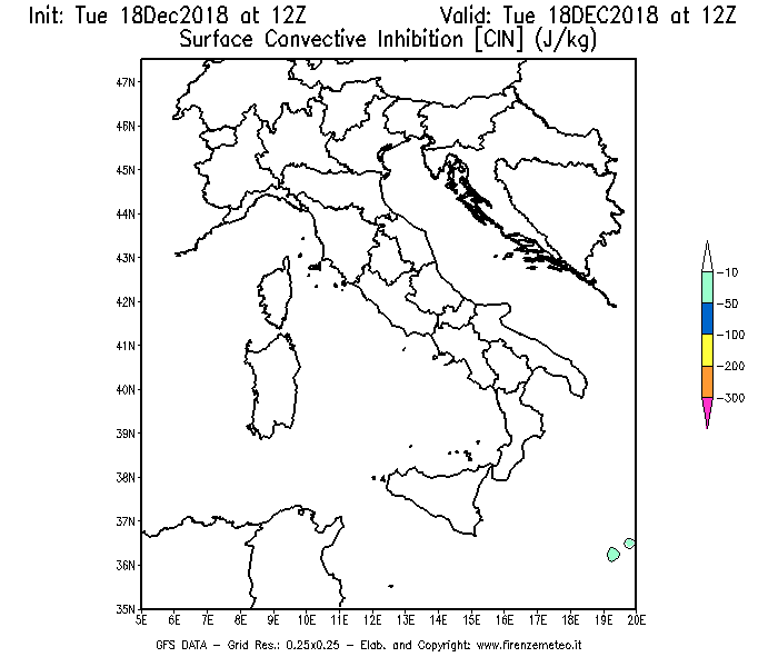 Mappa di analisi GFS - CIN [J/kg] in Italia
							del 18/12/2018 12 <!--googleoff: index-->UTC<!--googleon: index-->