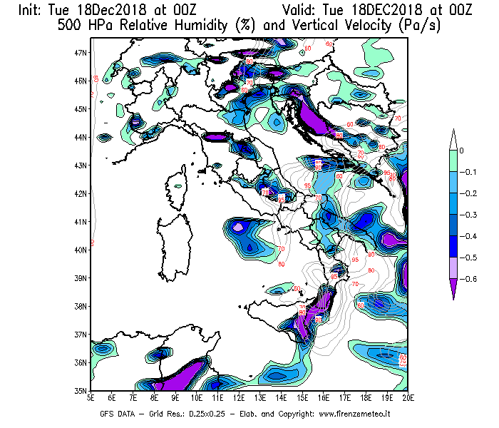 Mappa di analisi GFS - Umidità relativa [%] e Omega [Pa/s] a 500 hPa in Italia
							del 18/12/2018 00 <!--googleoff: index-->UTC<!--googleon: index-->