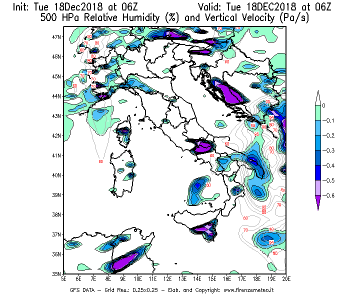 Mappa di analisi GFS - Umidità relativa [%] e Omega [Pa/s] a 500 hPa in Italia
							del 18/12/2018 06 <!--googleoff: index-->UTC<!--googleon: index-->