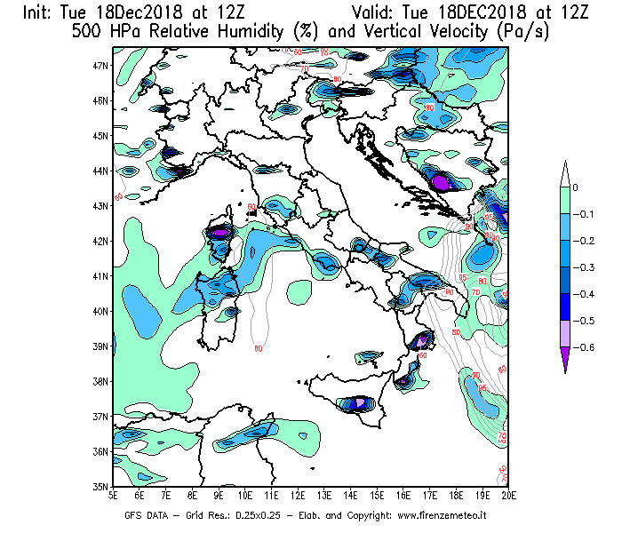 Mappa di analisi GFS - Umidità relativa [%] e Omega [Pa/s] a 500 hPa in Italia
							del 18/12/2018 12 <!--googleoff: index-->UTC<!--googleon: index-->