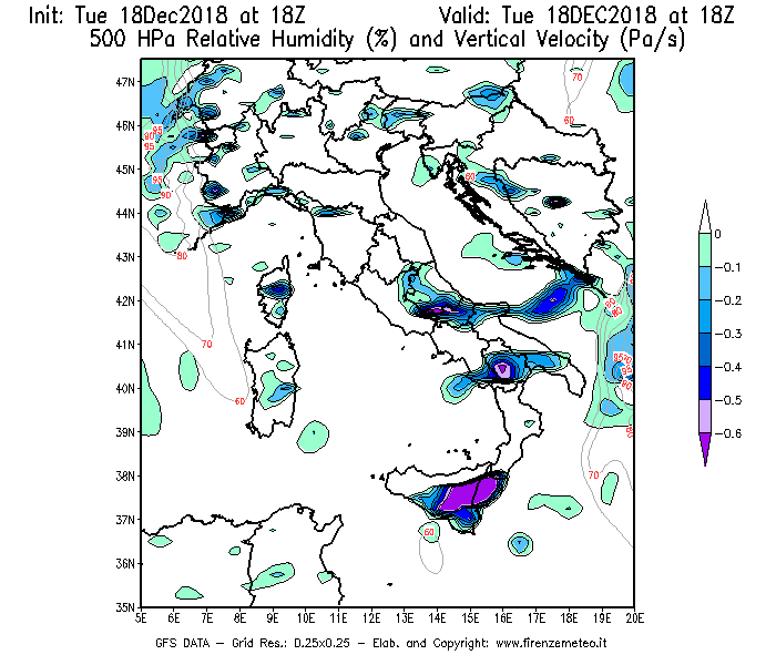 Mappa di analisi GFS - Umidità relativa [%] e Omega [Pa/s] a 500 hPa in Italia
							del 18/12/2018 18 <!--googleoff: index-->UTC<!--googleon: index-->