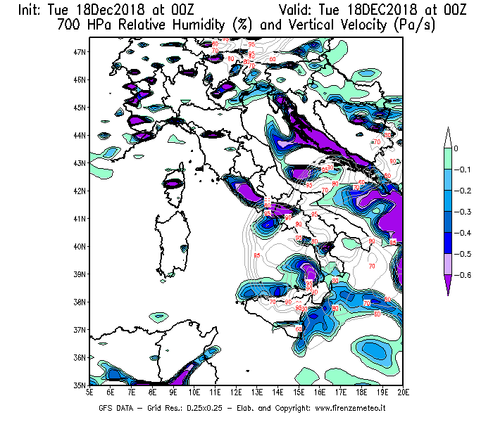 Mappa di analisi GFS - Umidità relativa [%] e Omega [Pa/s] a 700 hPa in Italia
							del 18/12/2018 00 <!--googleoff: index-->UTC<!--googleon: index-->