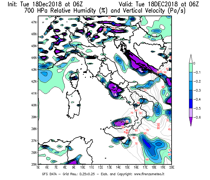 Mappa di analisi GFS - Umidità relativa [%] e Omega [Pa/s] a 700 hPa in Italia
							del 18/12/2018 06 <!--googleoff: index-->UTC<!--googleon: index-->