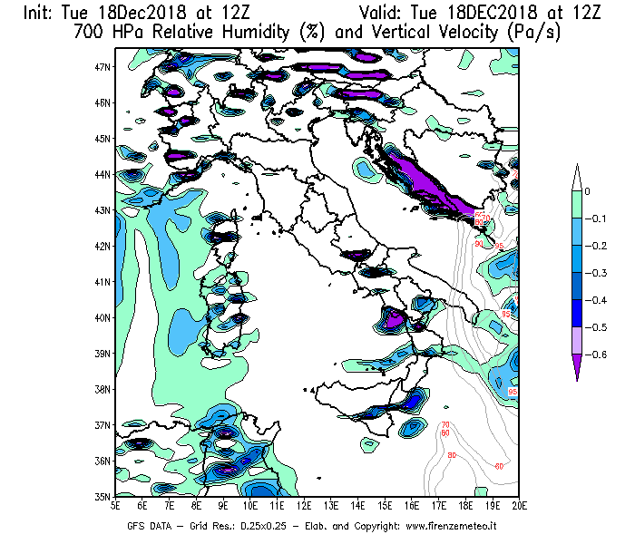 Mappa di analisi GFS - Umidità relativa [%] e Omega [Pa/s] a 700 hPa in Italia
							del 18/12/2018 12 <!--googleoff: index-->UTC<!--googleon: index-->