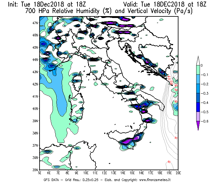 Mappa di analisi GFS - Umidità relativa [%] e Omega [Pa/s] a 700 hPa in Italia
							del 18/12/2018 18 <!--googleoff: index-->UTC<!--googleon: index-->