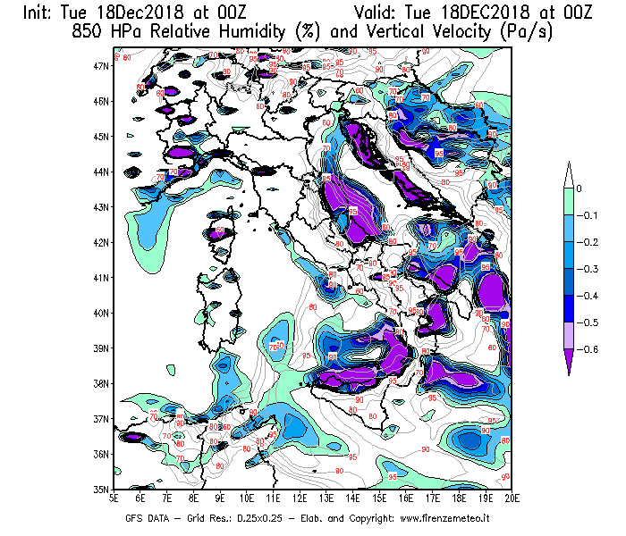 Mappa di analisi GFS - Umidità relativa [%] e Omega [Pa/s] a 850 hPa in Italia
							del 18/12/2018 00 <!--googleoff: index-->UTC<!--googleon: index-->