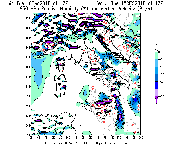 Mappa di analisi GFS - Umidità relativa [%] e Omega [Pa/s] a 850 hPa in Italia
							del 18/12/2018 12 <!--googleoff: index-->UTC<!--googleon: index-->