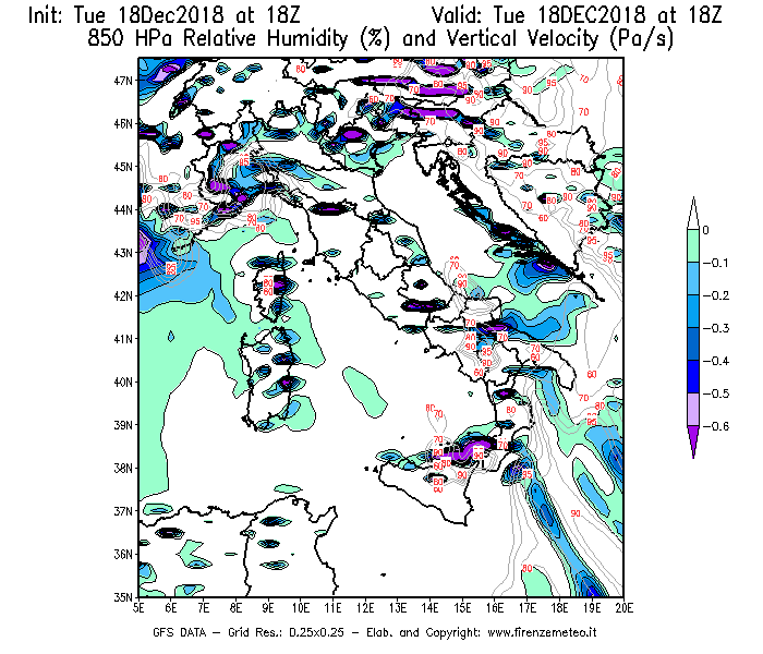 Mappa di analisi GFS - Umidità relativa [%] e Omega [Pa/s] a 850 hPa in Italia
							del 18/12/2018 18 <!--googleoff: index-->UTC<!--googleon: index-->