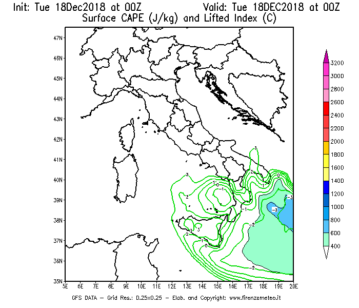 Mappa di analisi GFS - CAPE [J/kg] e Lifted Index [°C] in Italia
							del 18/12/2018 00 <!--googleoff: index-->UTC<!--googleon: index-->