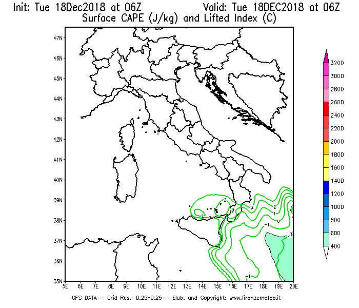 Mappa di analisi GFS - CAPE [J/kg] e Lifted Index [°C] in Italia
							del 18/12/2018 06 <!--googleoff: index-->UTC<!--googleon: index-->