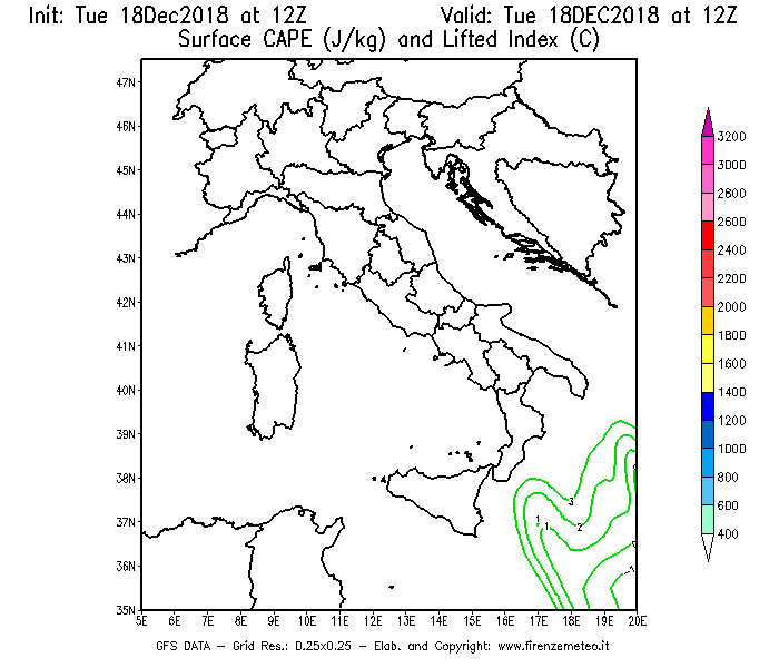 Mappa di analisi GFS - CAPE [J/kg] e Lifted Index [°C] in Italia
							del 18/12/2018 12 <!--googleoff: index-->UTC<!--googleon: index-->