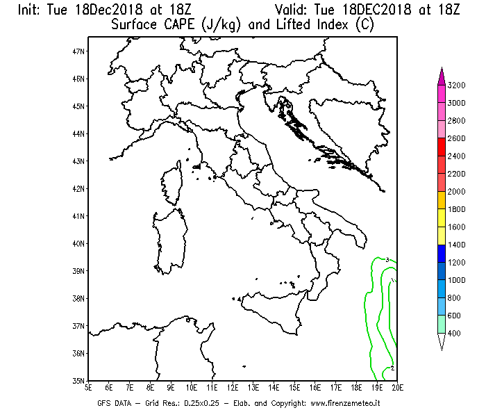 Mappa di analisi GFS - CAPE [J/kg] e Lifted Index [°C] in Italia
							del 18/12/2018 18 <!--googleoff: index-->UTC<!--googleon: index-->