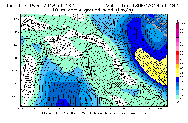 Mappa di analisi GFS - Velocità del vento a 10 metri dal suolo [km/h] in Centro-Italia
							del 18/12/2018 18 <!--googleoff: index-->UTC<!--googleon: index-->