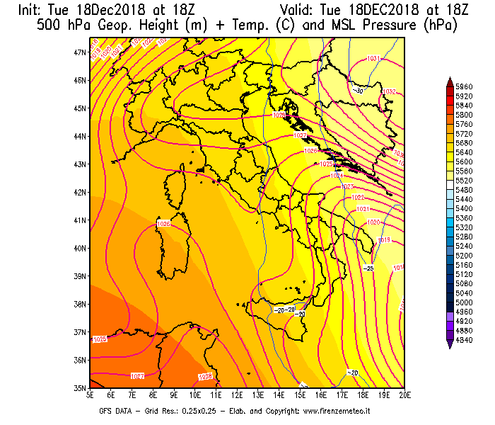 Mappa di analisi GFS - Geopotenziale [m] + Temp. [°C] a 500 hPa + Press. a livello del mare [hPa] in Italia
							del 18/12/2018 18 <!--googleoff: index-->UTC<!--googleon: index-->