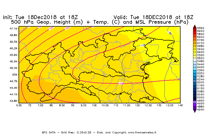 Mappa di analisi GFS - Geopotenziale [m] + Temp. [°C] a 500 hPa + Press. a livello del mare [hPa] in Nord-Italia
							del 18/12/2018 18 <!--googleoff: index-->UTC<!--googleon: index-->
