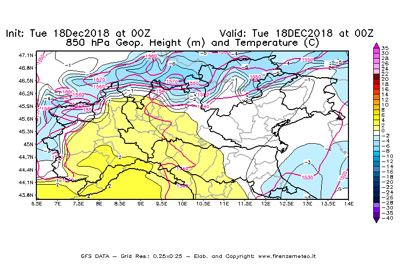Mappa di analisi GFS - Geopotenziale [m] e Temperatura [°C] a 850 hPa in Nord-Italia
							del 18/12/2018 00 <!--googleoff: index-->UTC<!--googleon: index-->