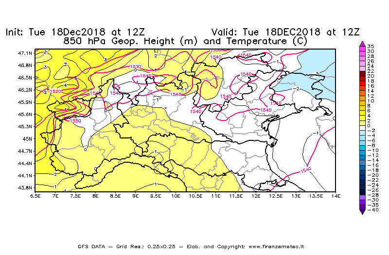 Mappa di analisi GFS - Geopotenziale [m] e Temperatura [°C] a 850 hPa in Nord-Italia
							del 18/12/2018 12 <!--googleoff: index-->UTC<!--googleon: index-->