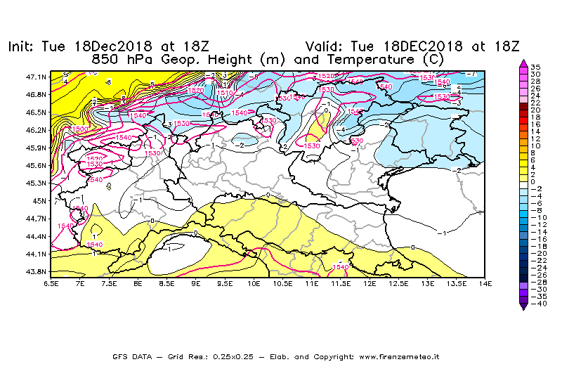 Mappa di analisi GFS - Geopotenziale [m] e Temperatura [°C] a 850 hPa in Nord-Italia
							del 18/12/2018 18 <!--googleoff: index-->UTC<!--googleon: index-->