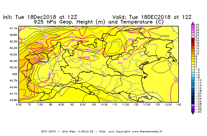 Mappa di analisi GFS - Geopotenziale [m] e Temperatura [°C] a 925 hPa in Nord-Italia
							del 18/12/2018 12 <!--googleoff: index-->UTC<!--googleon: index-->