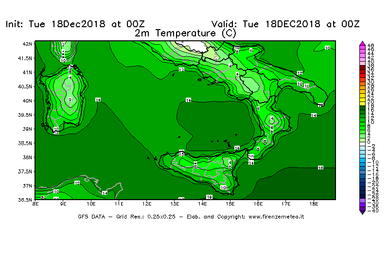 Mappa di analisi GFS - Temperatura a 2 metri dal suolo [°C] in Sud-Italia
							del 18/12/2018 00 <!--googleoff: index-->UTC<!--googleon: index-->