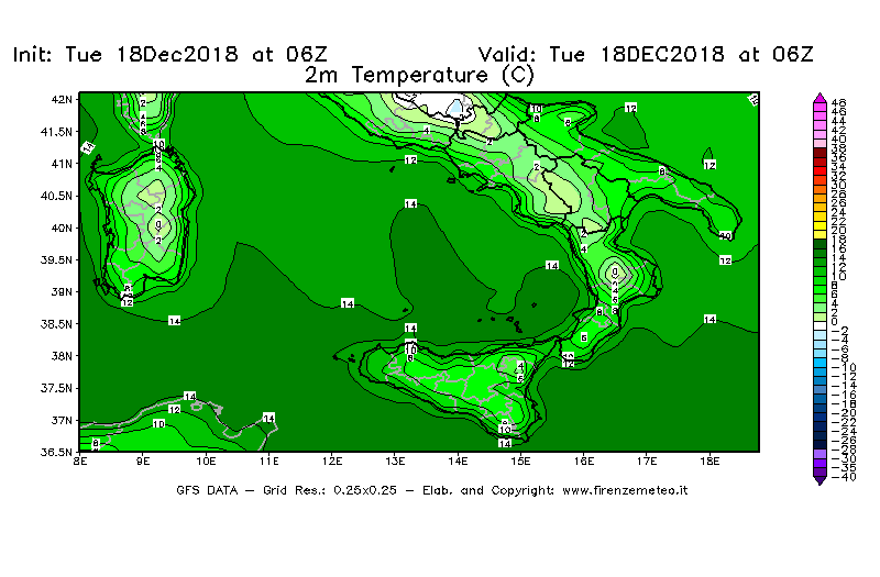 Mappa di analisi GFS - Temperatura a 2 metri dal suolo [°C] in Sud-Italia
							del 18/12/2018 06 <!--googleoff: index-->UTC<!--googleon: index-->