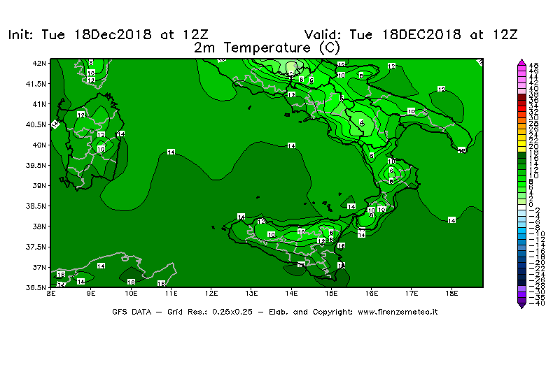 Mappa di analisi GFS - Temperatura a 2 metri dal suolo [°C] in Sud-Italia
							del 18/12/2018 12 <!--googleoff: index-->UTC<!--googleon: index-->