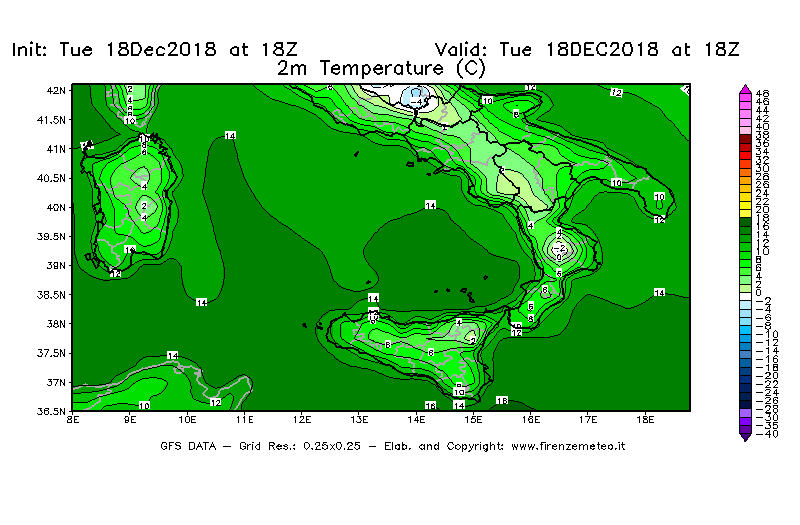 Mappa di analisi GFS - Temperatura a 2 metri dal suolo [°C] in Sud-Italia
							del 18/12/2018 18 <!--googleoff: index-->UTC<!--googleon: index-->
