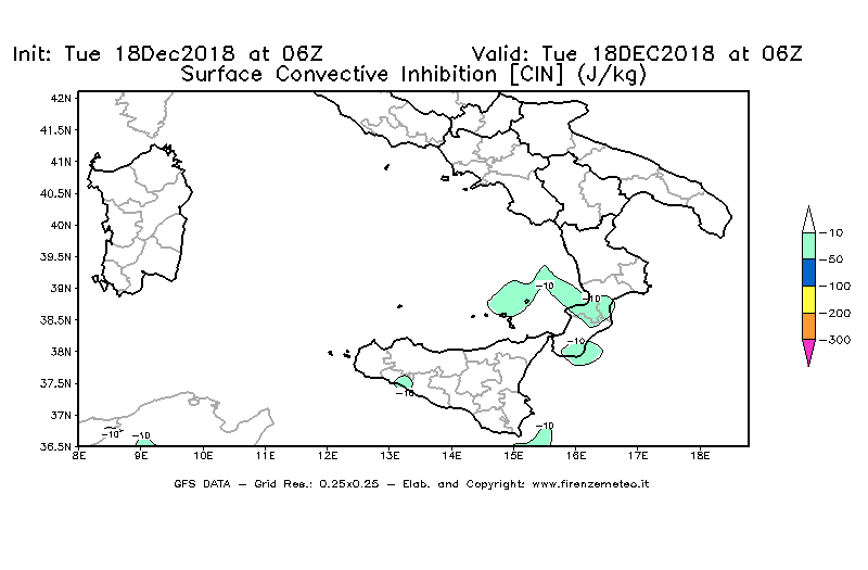 Mappa di analisi GFS - CIN [J/kg] in Sud-Italia
							del 18/12/2018 06 <!--googleoff: index-->UTC<!--googleon: index-->