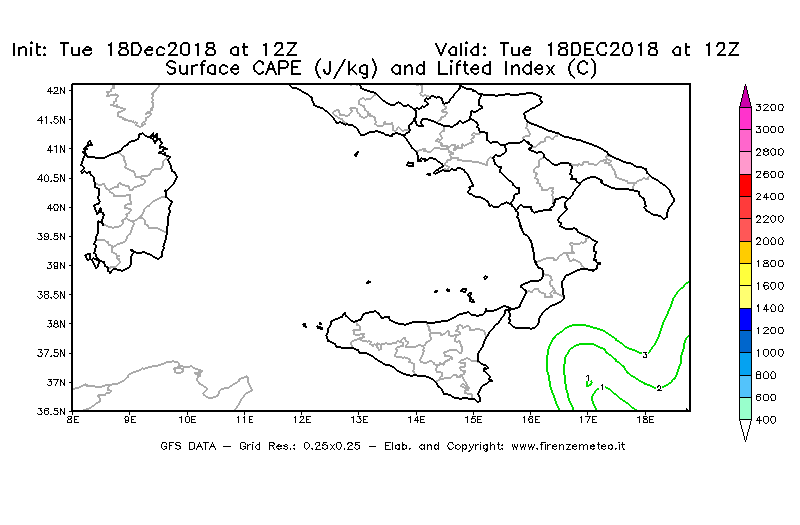 Mappa di analisi GFS - CAPE [J/kg] e Lifted Index [°C] in Sud-Italia
							del 18/12/2018 12 <!--googleoff: index-->UTC<!--googleon: index-->