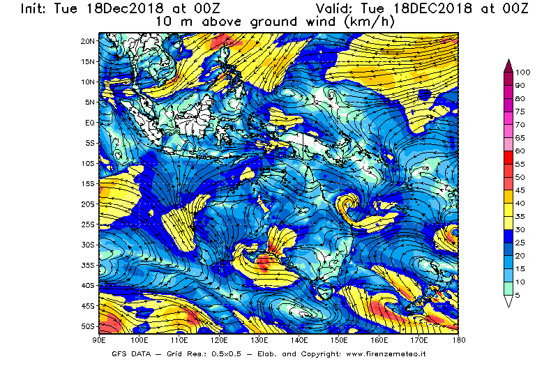 Mappa di analisi GFS - Velocità del vento a 10 metri dal suolo [km/h] in Oceania
							del 18/12/2018 00 <!--googleoff: index-->UTC<!--googleon: index-->