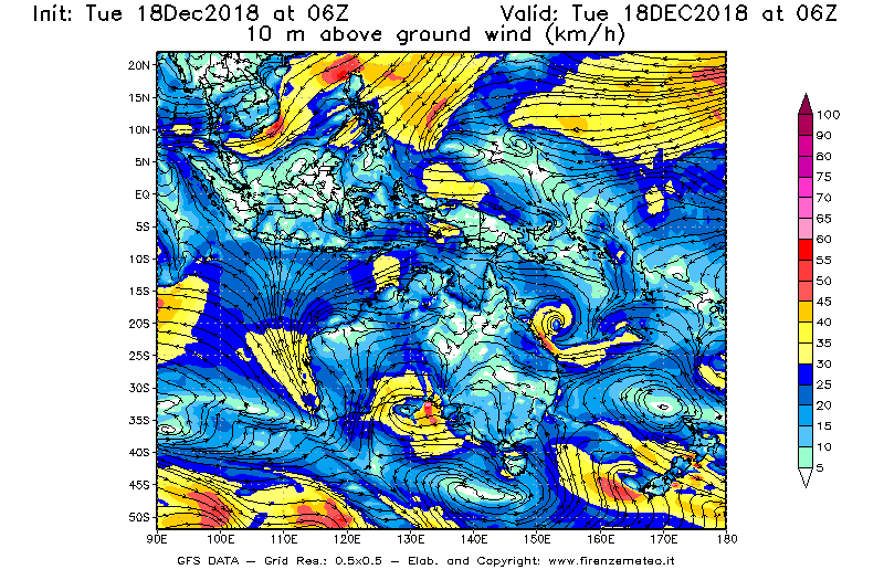 Mappa di analisi GFS - Velocità del vento a 10 metri dal suolo [km/h] in Oceania
							del 18/12/2018 06 <!--googleoff: index-->UTC<!--googleon: index-->