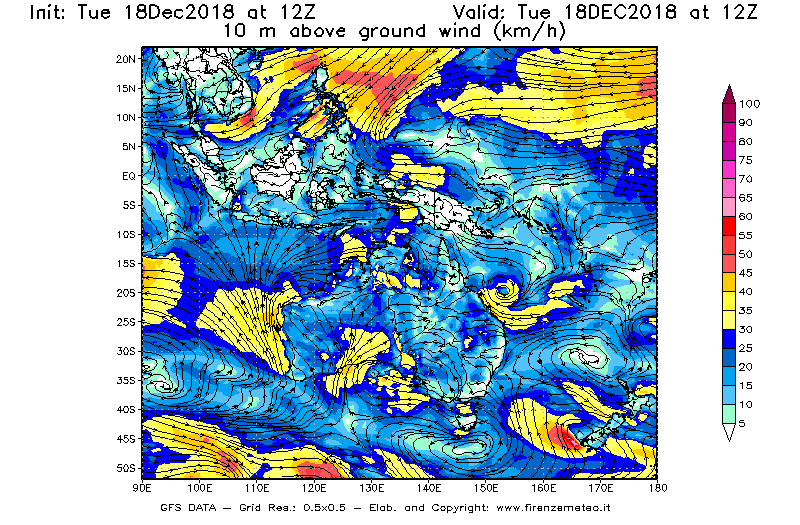 Mappa di analisi GFS - Velocità del vento a 10 metri dal suolo [km/h] in Oceania
							del 18/12/2018 12 <!--googleoff: index-->UTC<!--googleon: index-->
