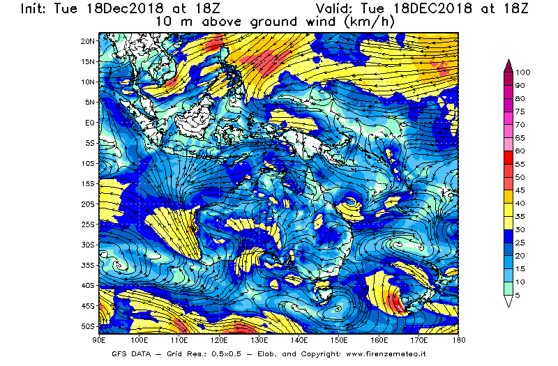 Mappa di analisi GFS - Velocità del vento a 10 metri dal suolo [km/h] in Oceania
							del 18/12/2018 18 <!--googleoff: index-->UTC<!--googleon: index-->