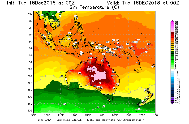 Mappa di analisi GFS - Temperatura a 2 metri dal suolo [°C] in Oceania
							del 18/12/2018 00 <!--googleoff: index-->UTC<!--googleon: index-->