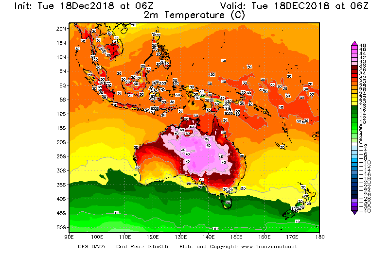 Mappa di analisi GFS - Temperatura a 2 metri dal suolo [°C] in Oceania
							del 18/12/2018 06 <!--googleoff: index-->UTC<!--googleon: index-->
